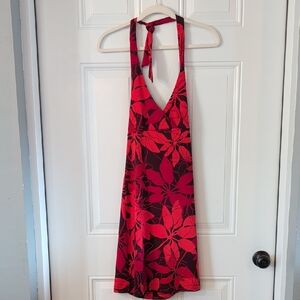 Y2K Vibrant Red Floral Halter Mini Dress Size 3/4